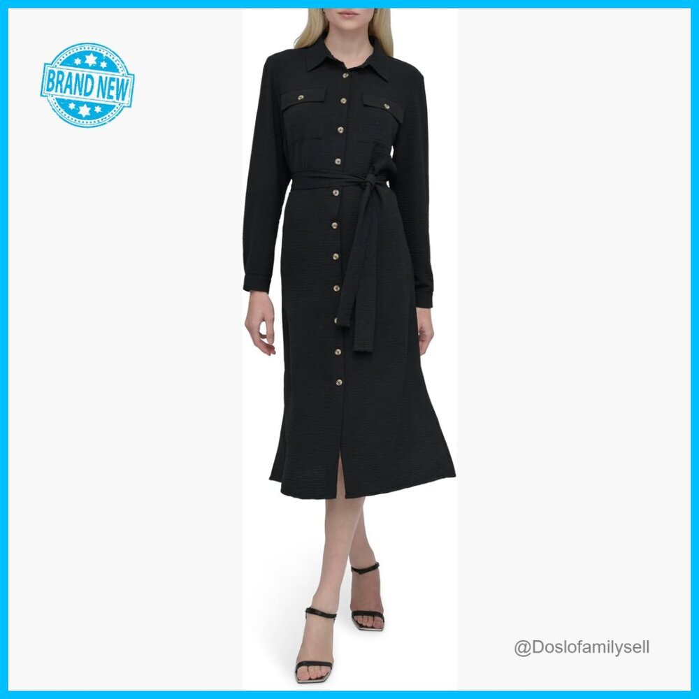 Long Sleeve Collared Midi Shirtdress Tie Waist Belt Elegant Chic